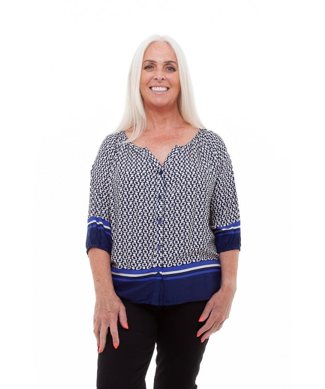 Spot Border Gathered Neck Blouse