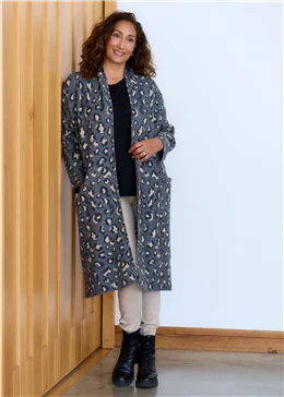 Leopard Jacquard Roll Collar Coatigan