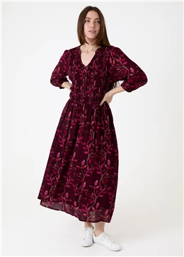 Watercolour Vines Notch Neck Shirring Dress
