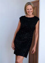 Load image into Gallery viewer, Sequin Jersey Cap Sleeve Shift Dress
