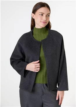 Wool Blend Boxy Round Neck Raglan Jacket