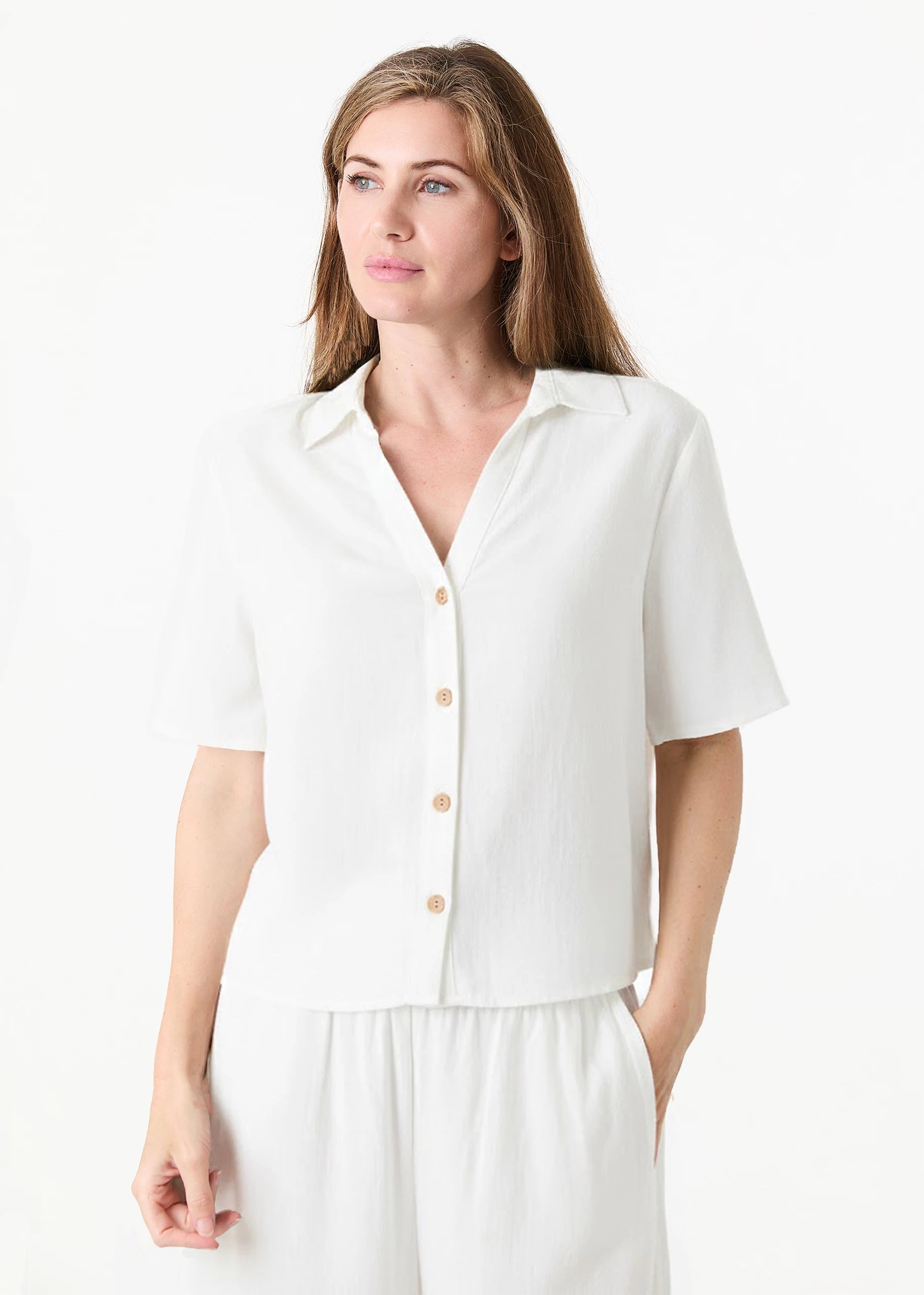 Linen Blend Short Sleeve Boxy Shirt