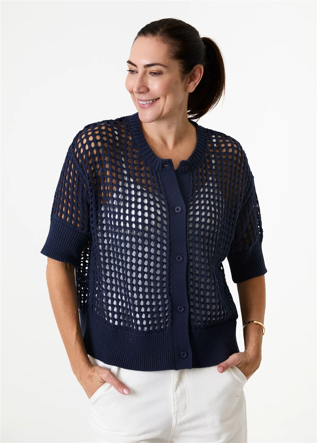 Cotton Mix Crew Neck Holes Cardigan