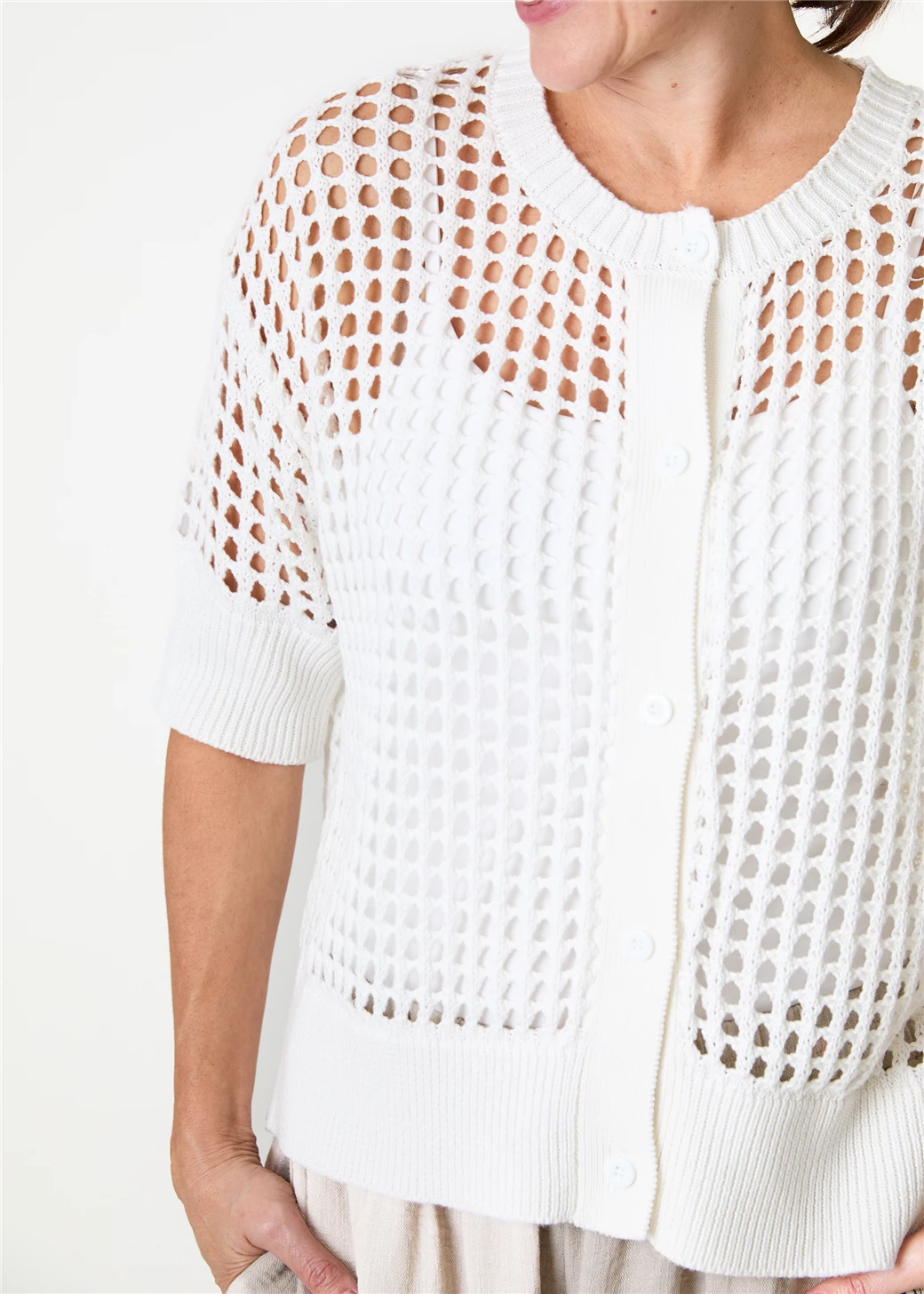 Cotton Mix Crew Neck Holes Cardigan