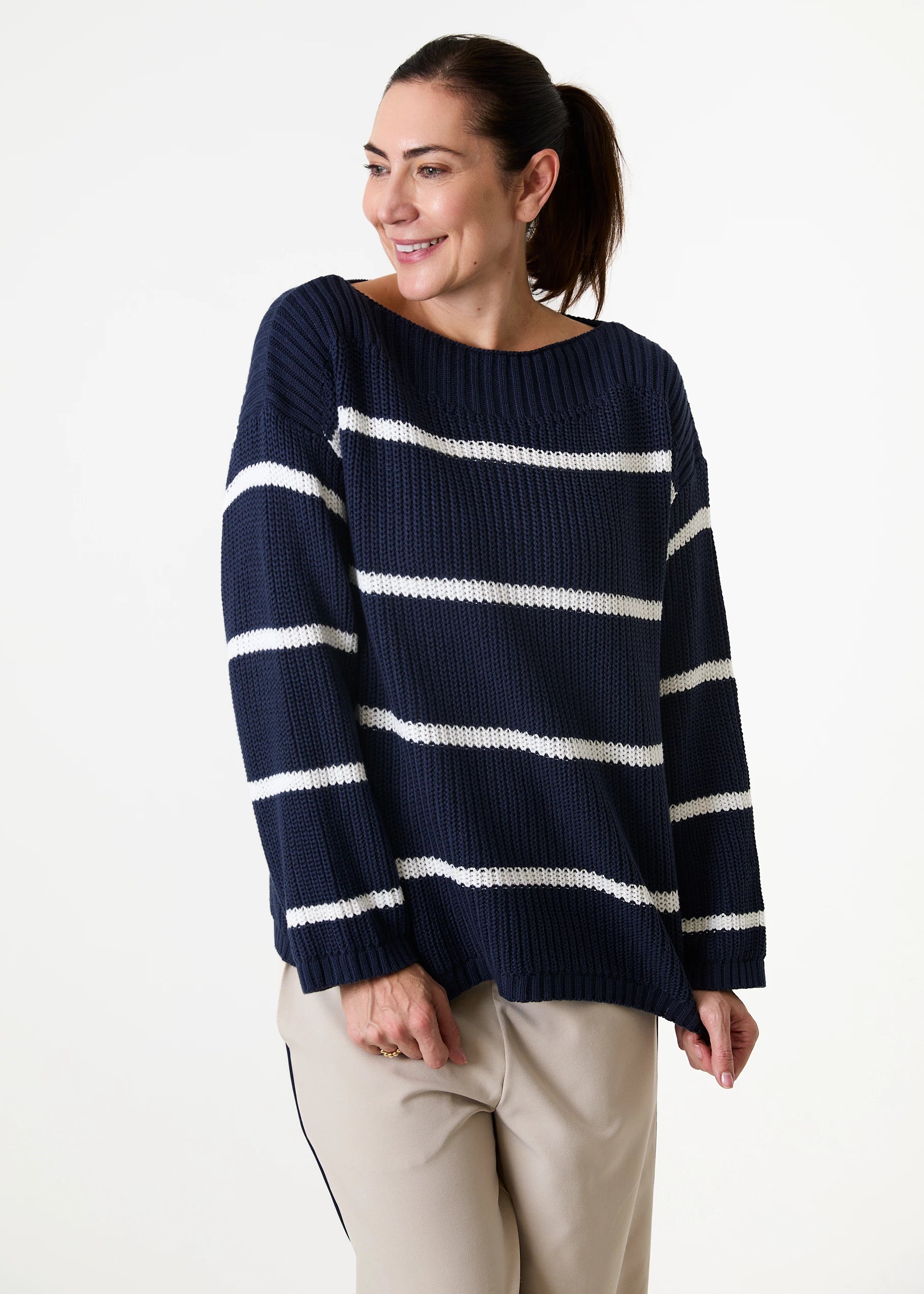 Cotton Mixed Boat Neck Stripe Jumper