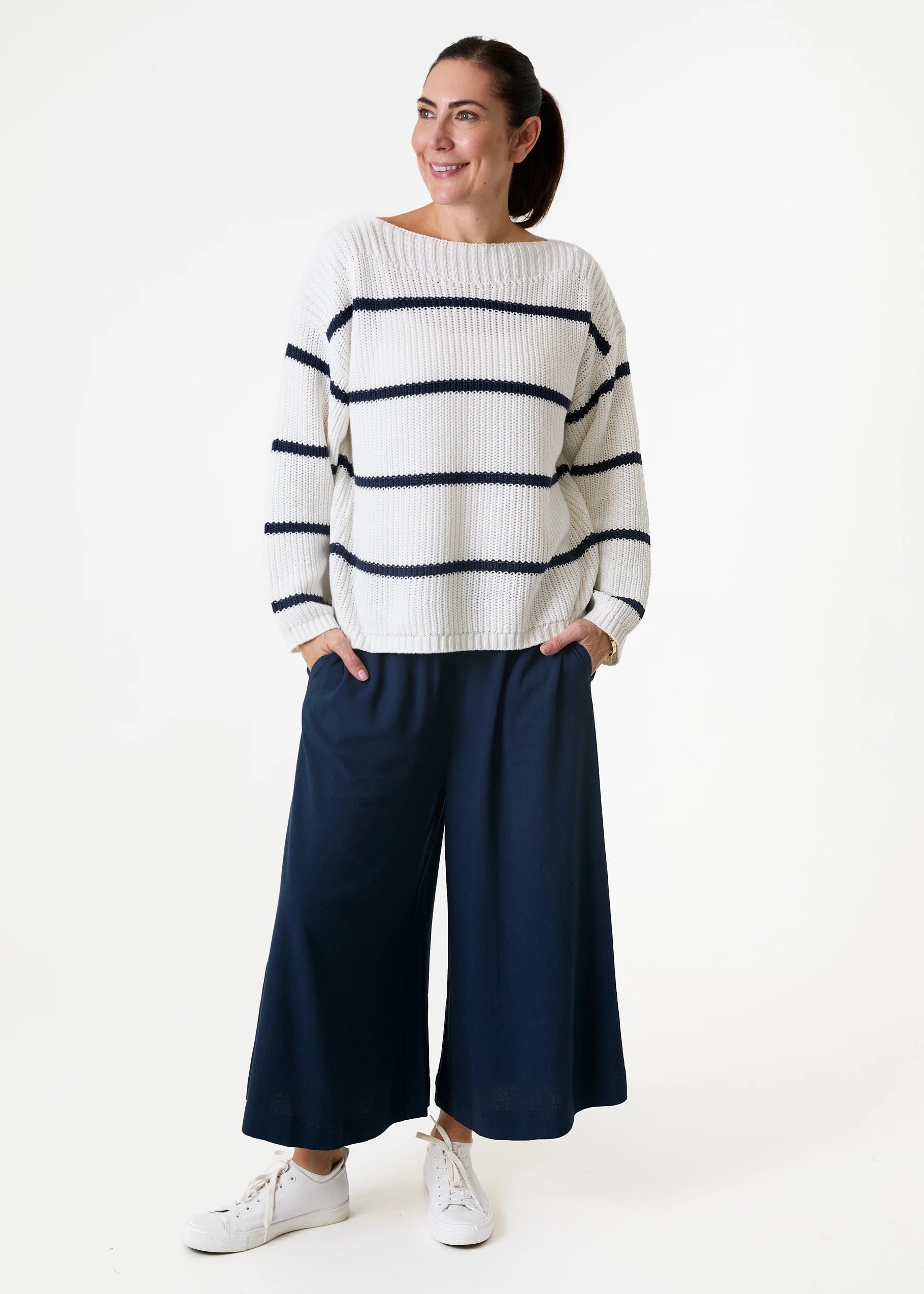 Cotton Mixed Boat Neck Stripe Jumper
