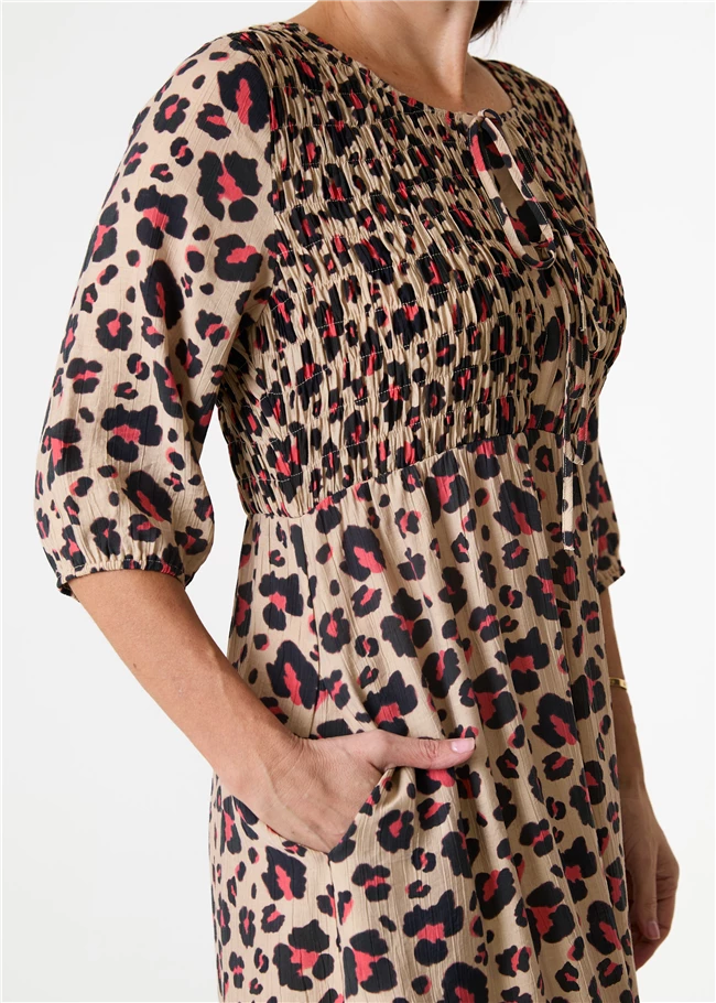 Leopard Smudge Shirred Tie Front Midi Dress Little Gems Interiors Leopard Smudge Shirred Tie Front Midi Dress Little Gems Interiors