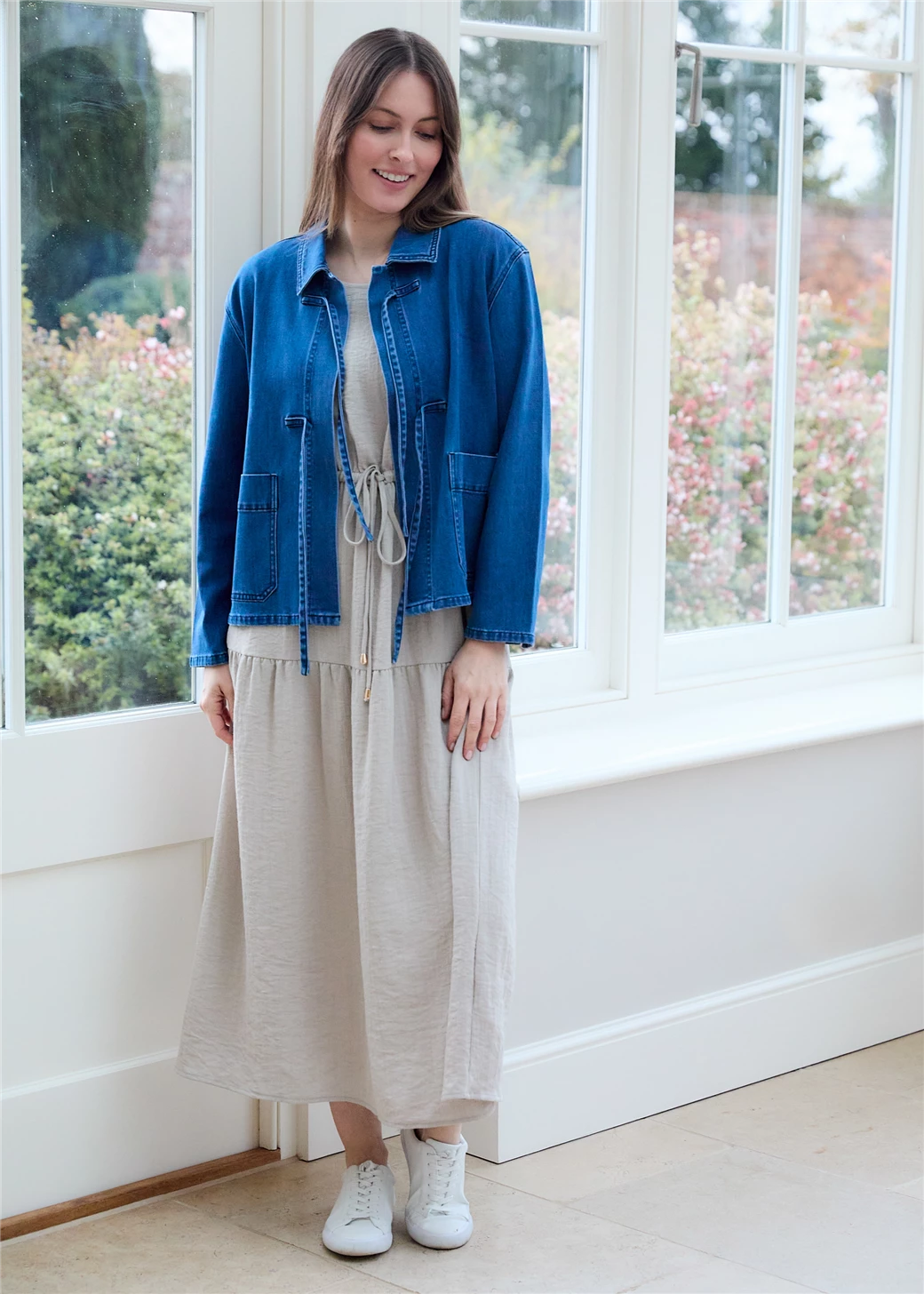 Denim Boxy Tie Front Collar Jacket