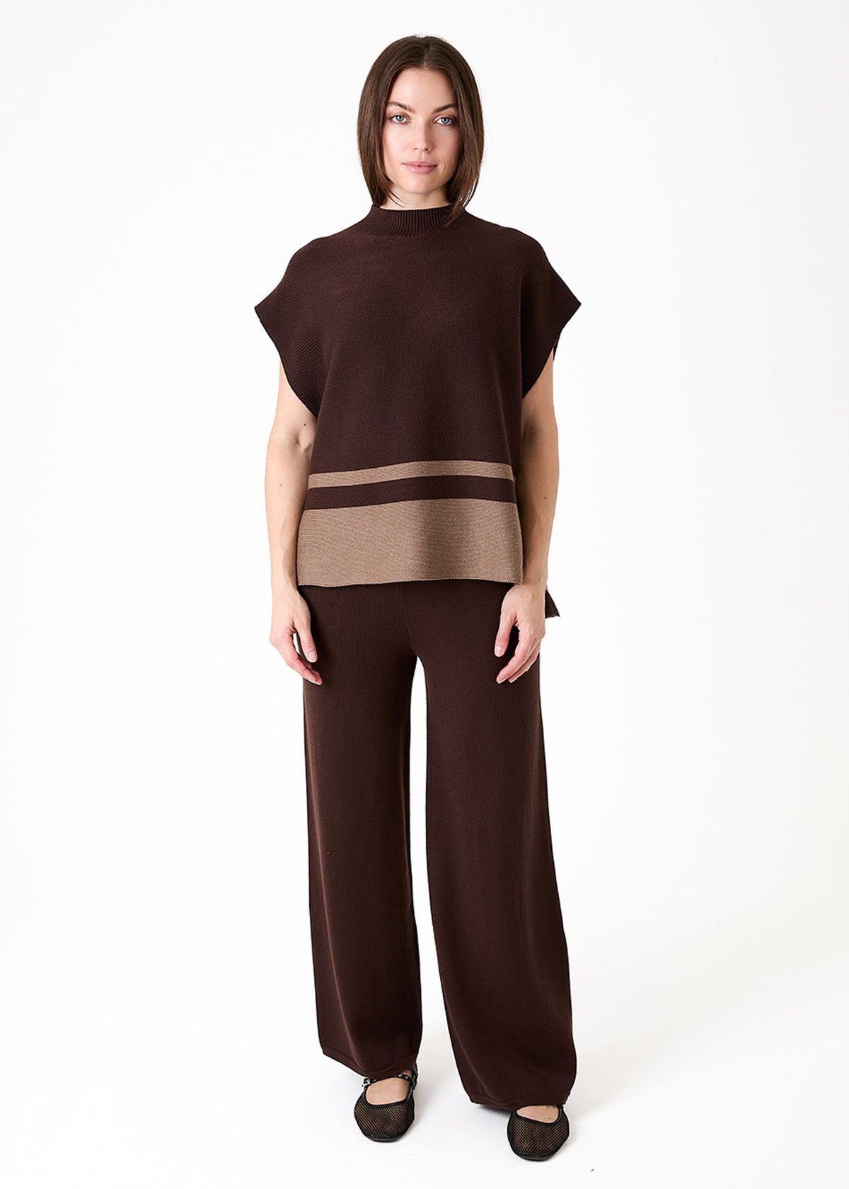 Cashmere Like Colour Block Sleeveless Turtle Neck Jumper
