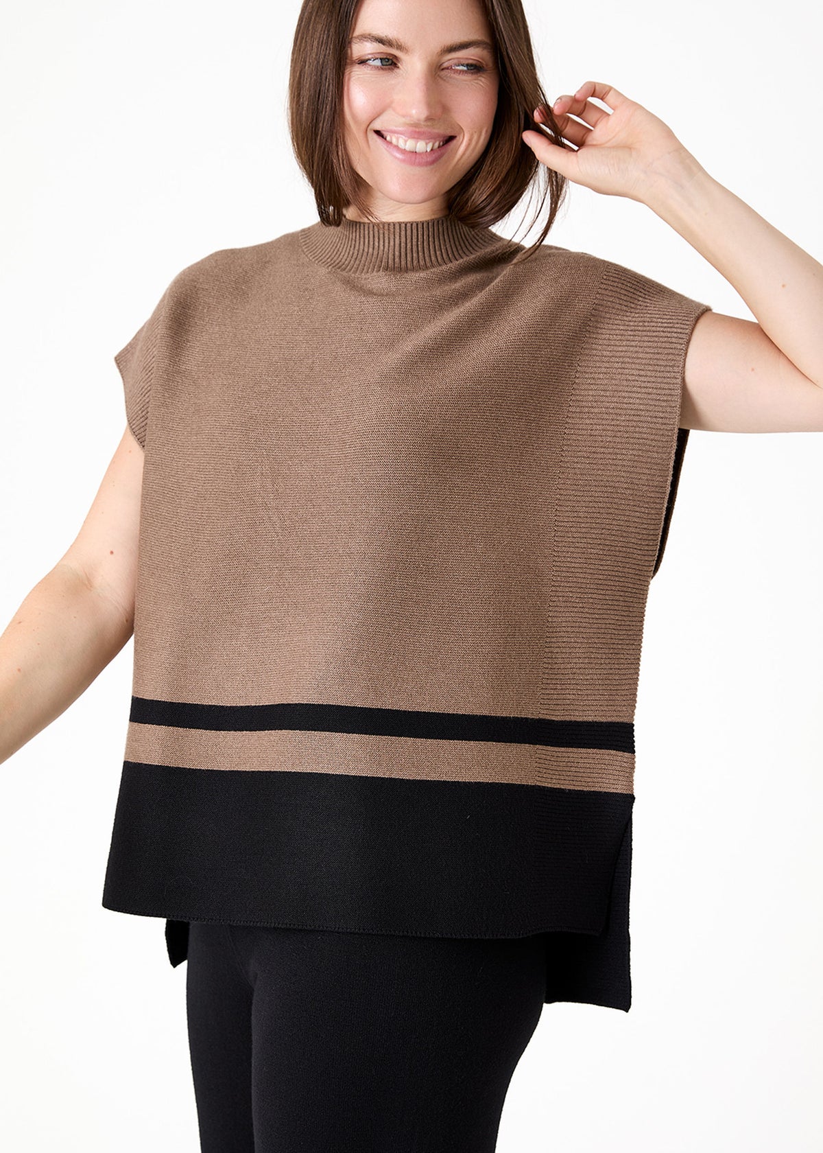Cashmere Like Colour Block Sleeveless Turtle Neck Jumper