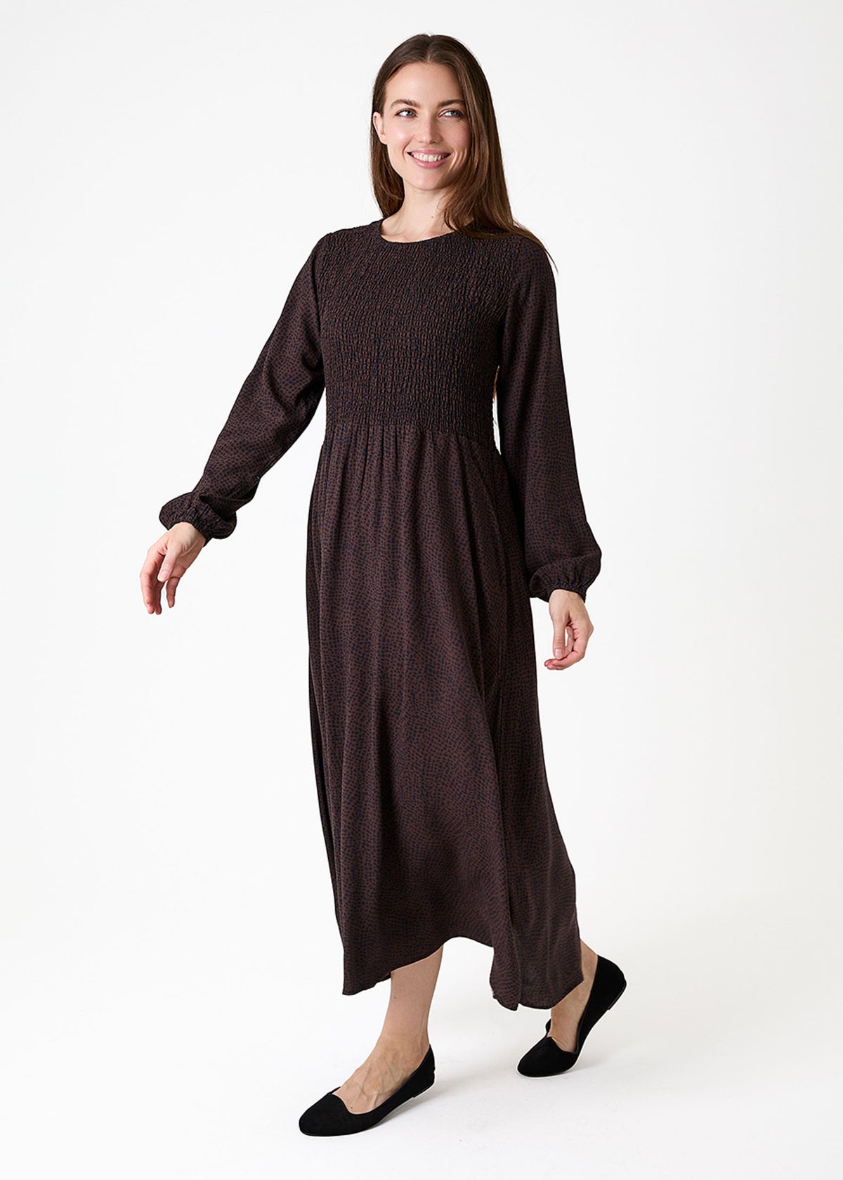 Cobbled Spot Long Sleeve Shirring Dress