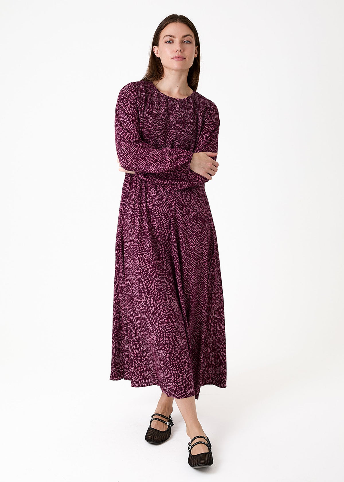 Cobbled Spot Long Sleeve Shirring Dress