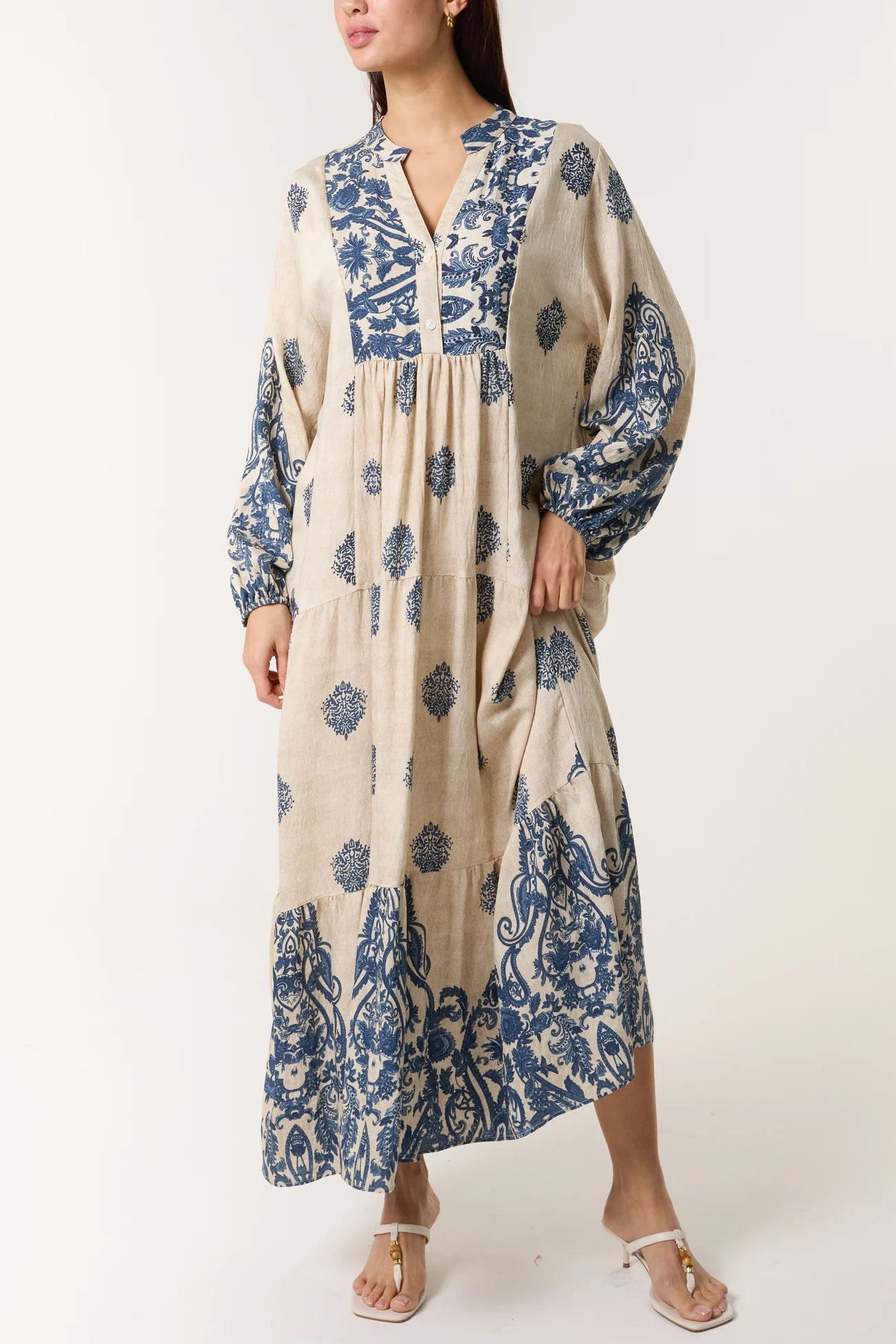 Vintage-Inspired Granddad Collar Maxi Dress