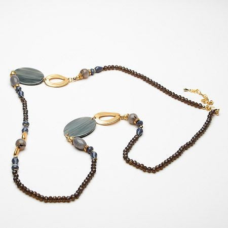Long crystal bead necklace with resin discs
