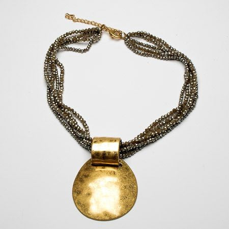 Multi strand short crystal necklace with burnished pendant