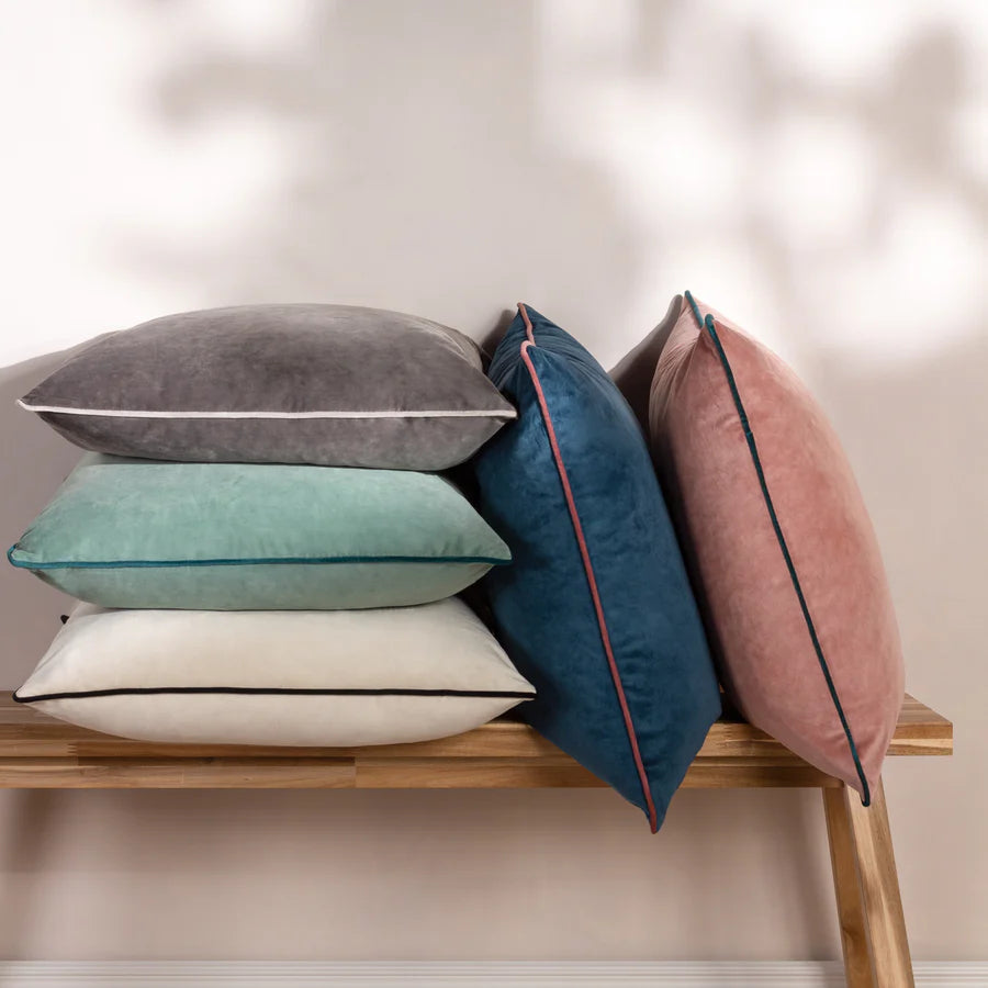 Meridian Velvet cushions from Furn 55cm with cooridnating piping from Little Gems Interiors, Long Melford, Suffolk, Soft Furnishings collection
