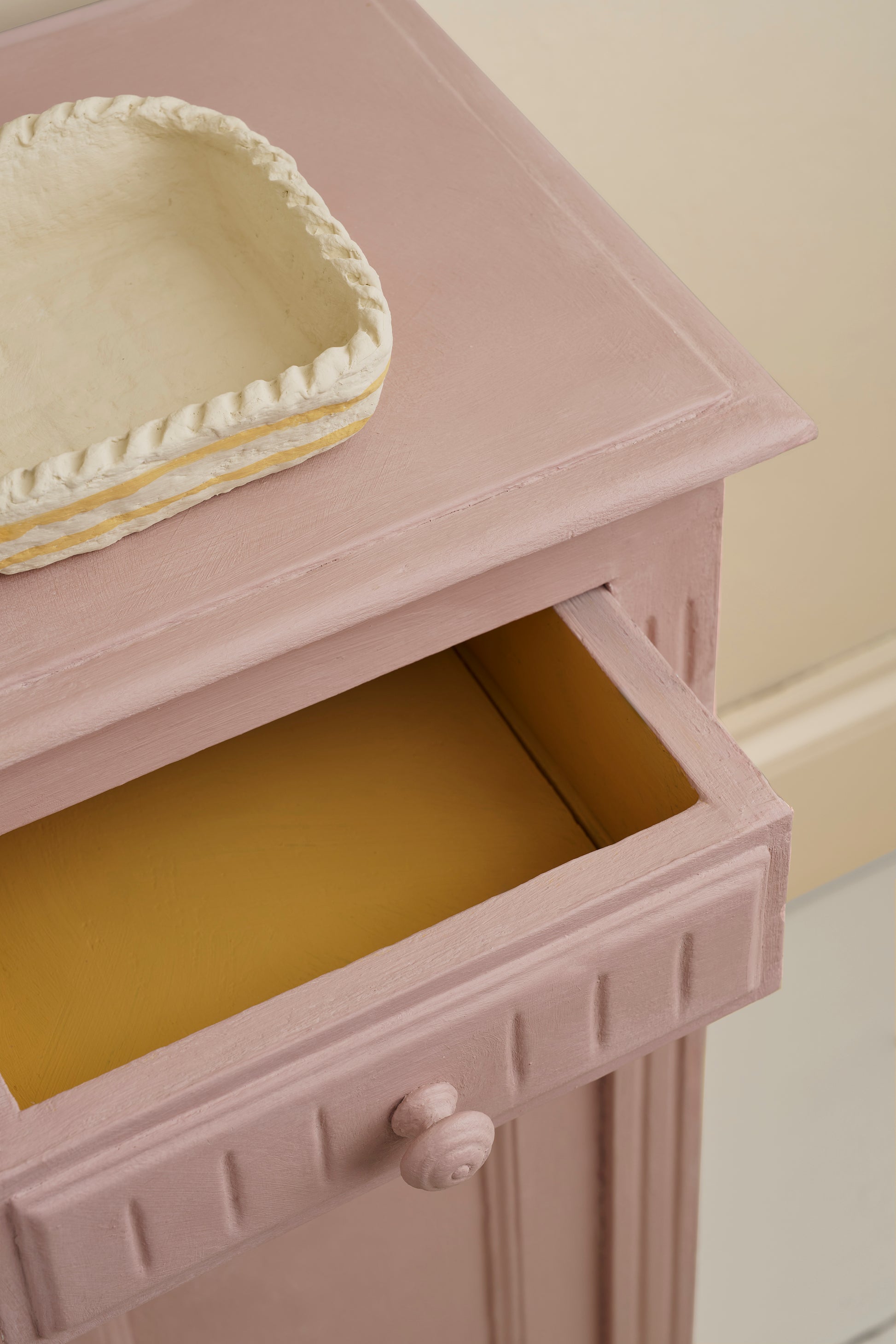 Side table painted in Annie Sloan Chalk Paint Jaipur Pink with drawer inside painted in Arles
