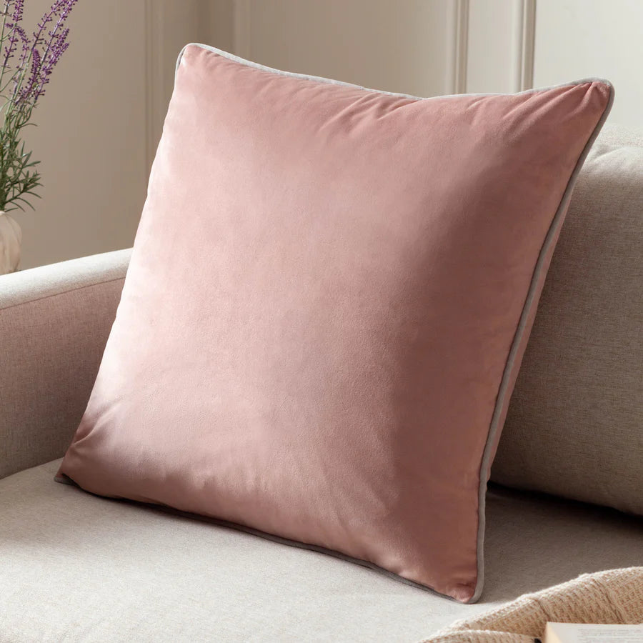 Meridian velvet cushion in blush pink and grey piping 55x55cm