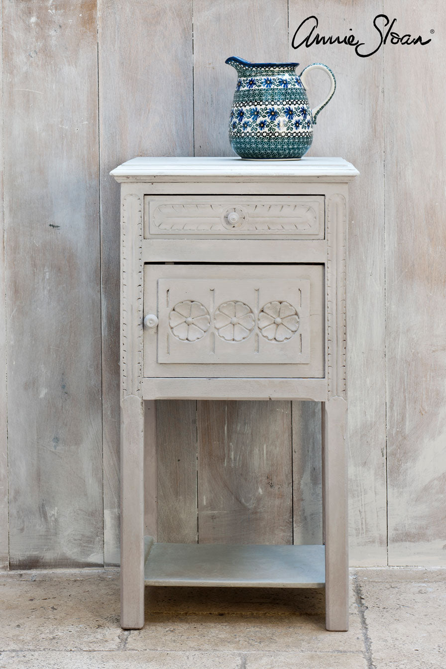 Wooden side table with floral design painted in Annie Sloan Paris Grey Chalk Paint