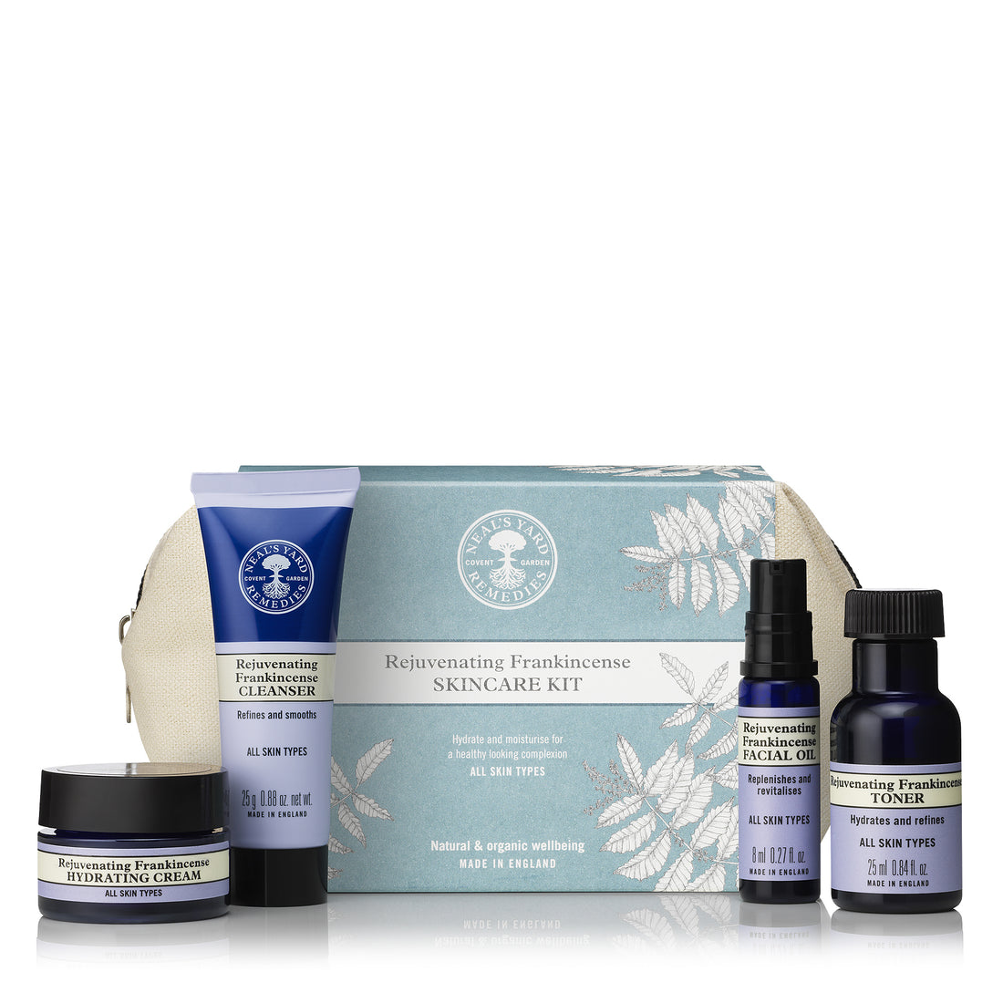 Skincare kit in an organic cotton pouch with  travel size products. 