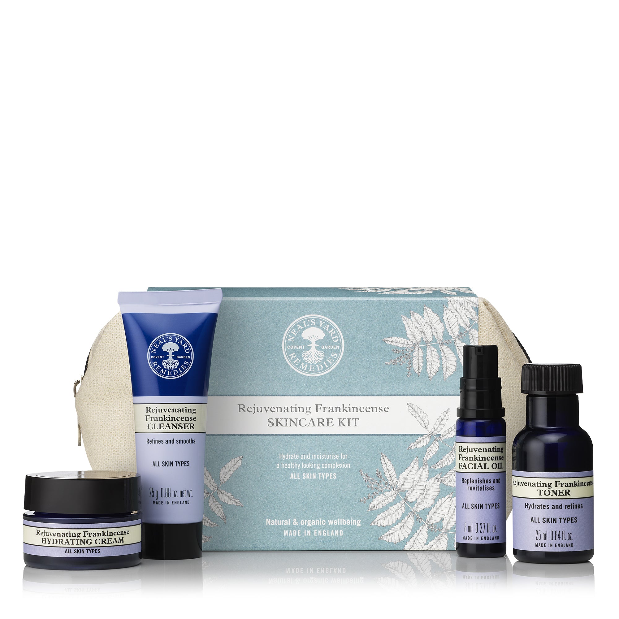 Skincare kit in an organic cotton pouch with  travel size products. 