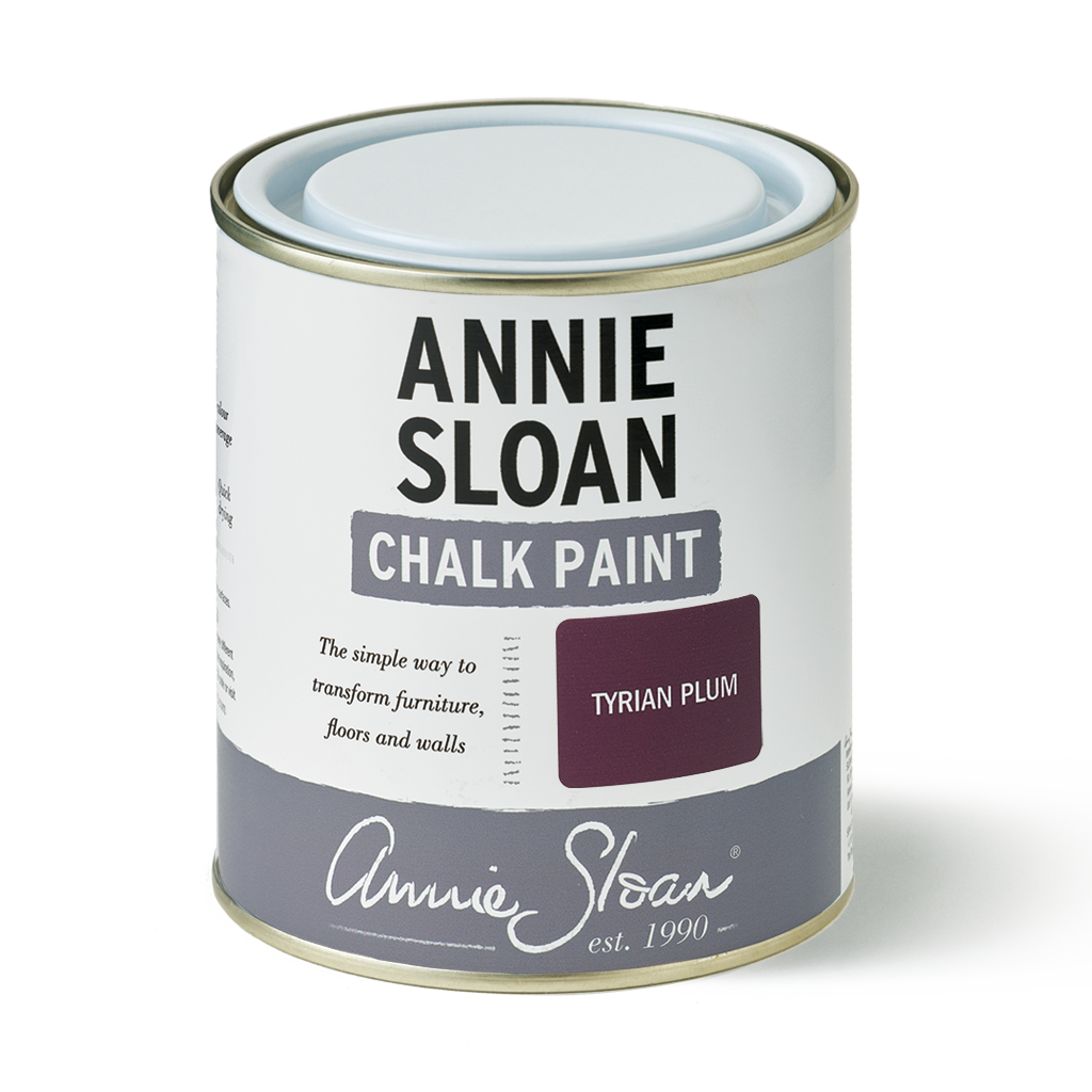 Annie Sloan Chalk Paint can with Tyrian Plum color swatch on a white background