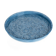 Load image into Gallery viewer, Round Metal Embossed Enamel Tray - Blue - 32cm
