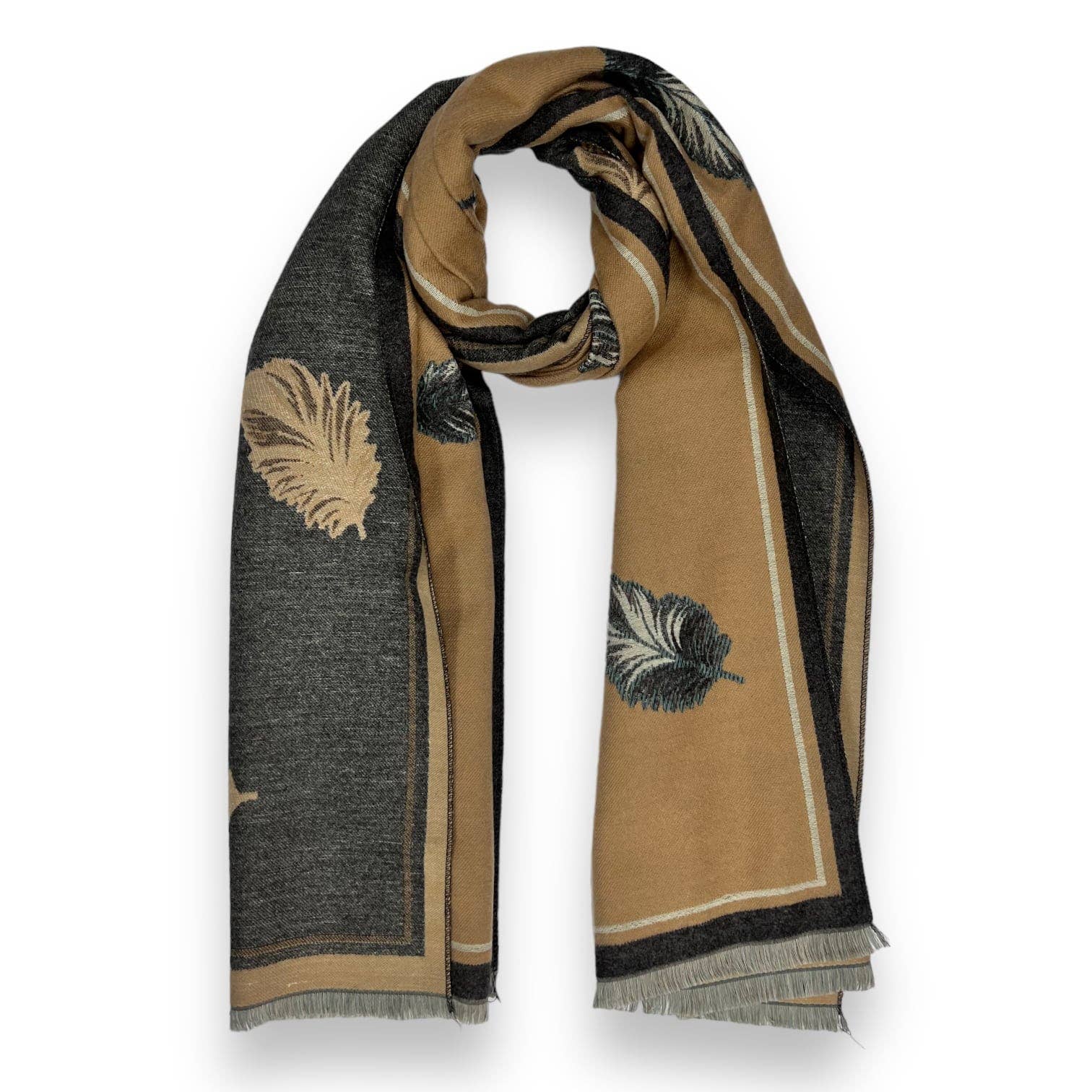 Feather Print Cashmere Blend Reversible Winter Scarf
