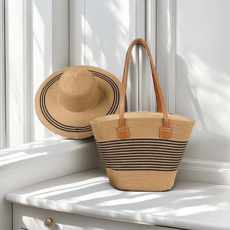 Striped Straw Basket Bag + Hat Set