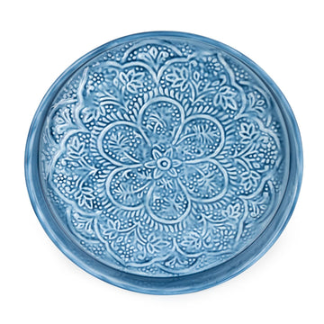 Round Metal Embossed Enamel Tray - Blue - 32cm