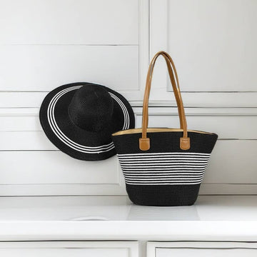 Striped Straw Basket Bag + Hat Set