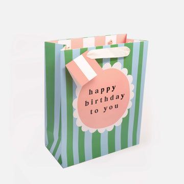 Birthday Flower On Green & Blue Stripe Large Gift Bag