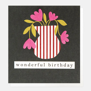 Wonderful Birthday Stripe Vase Of Flowers On Charcoal