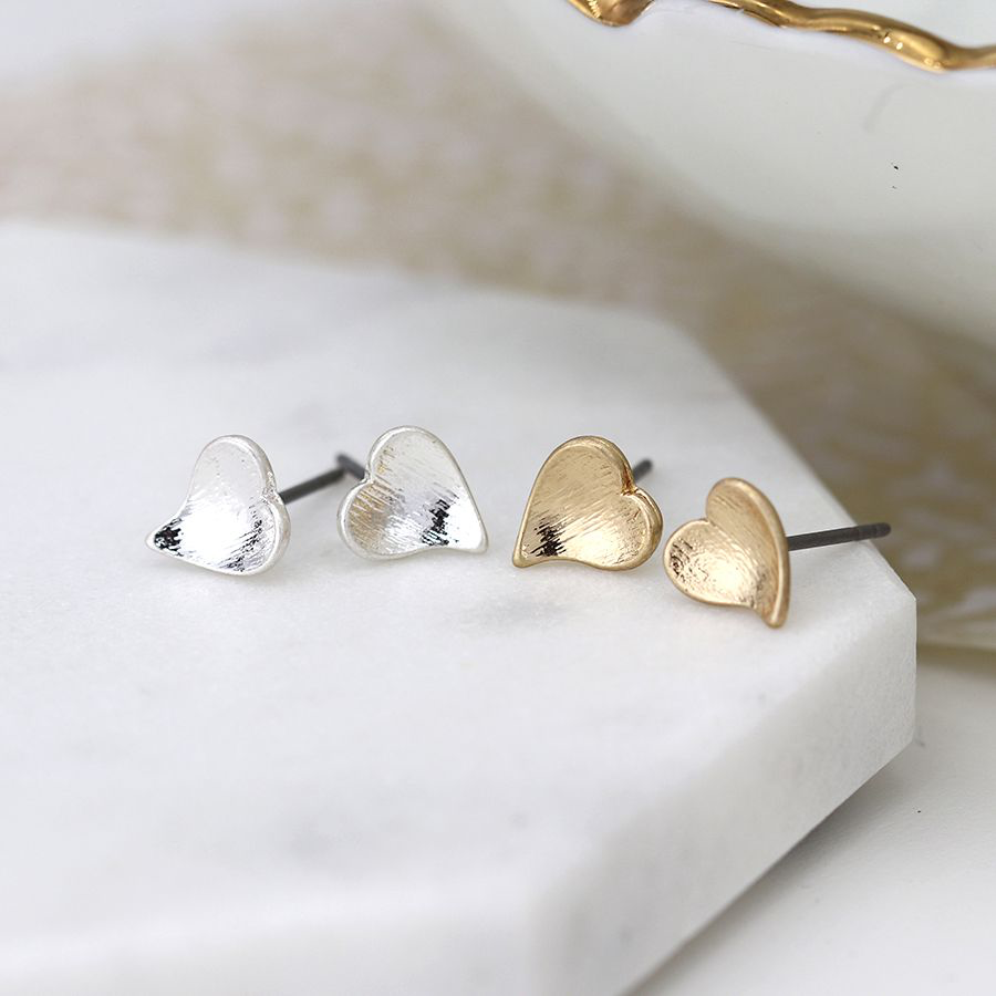 Silver and gold plated heart stud earring set