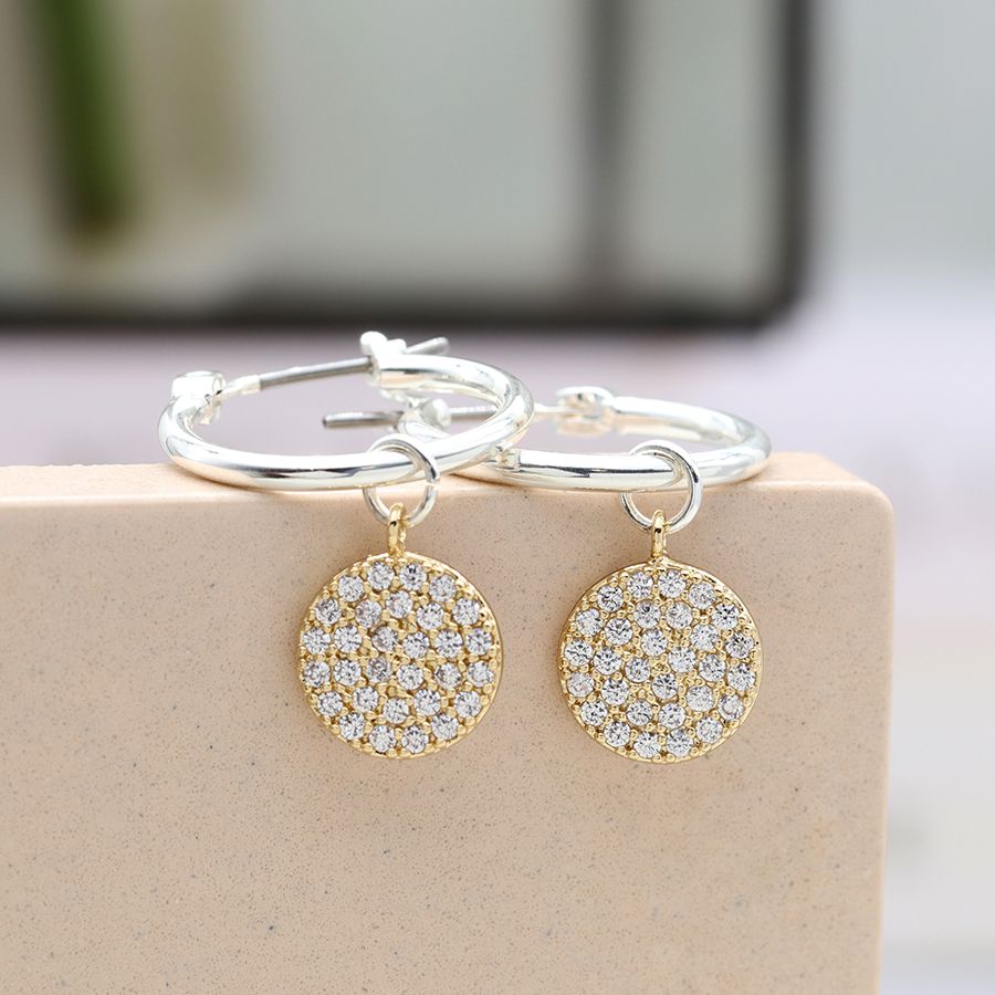 Golden pave disc and silver hoop earrings