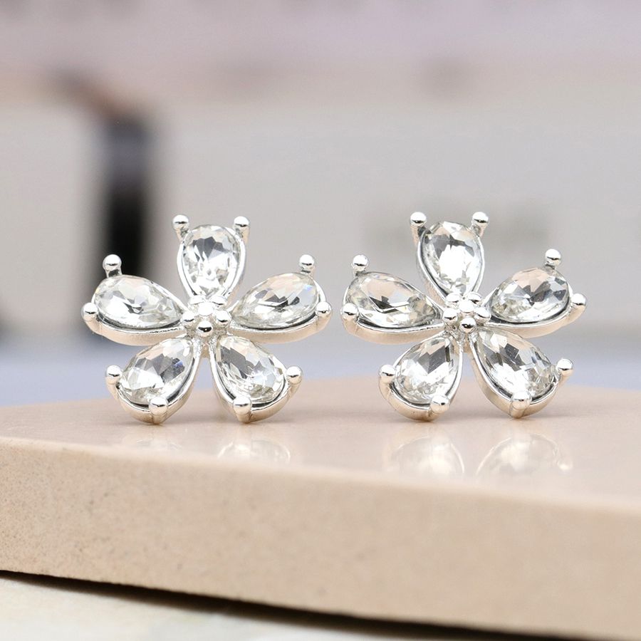 Silver plated crystal flower earrings