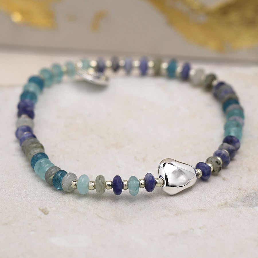 Blue mix bead bracelet with with silver plated pebble