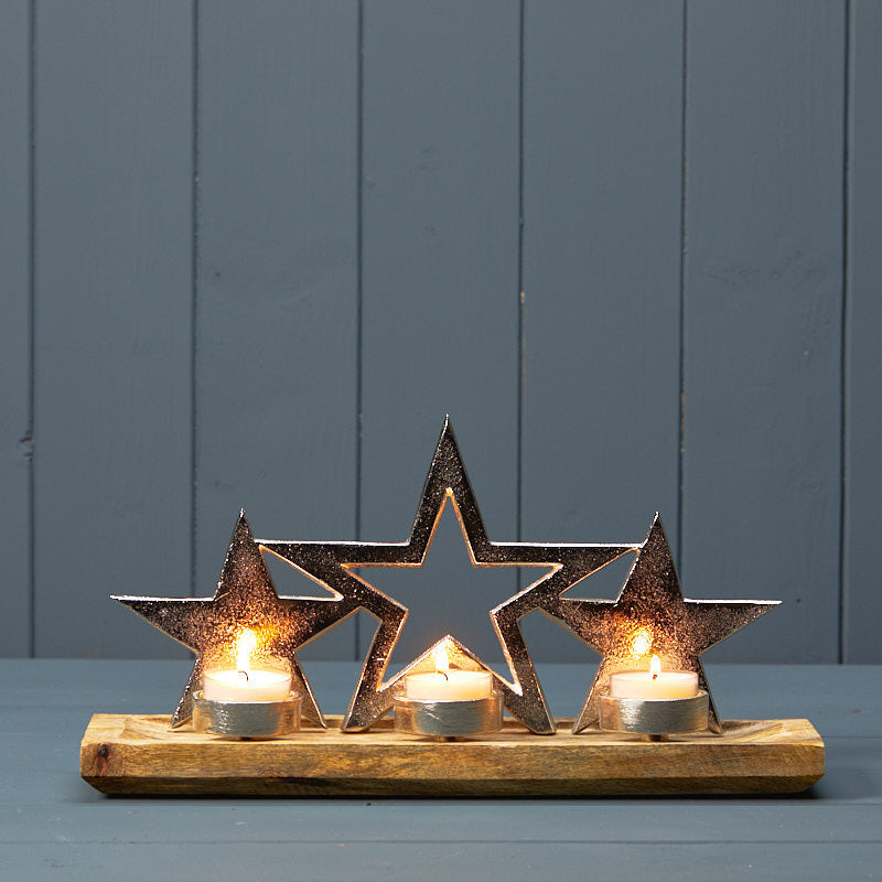 Silver Stars With 3 T-lights On Wooden Base