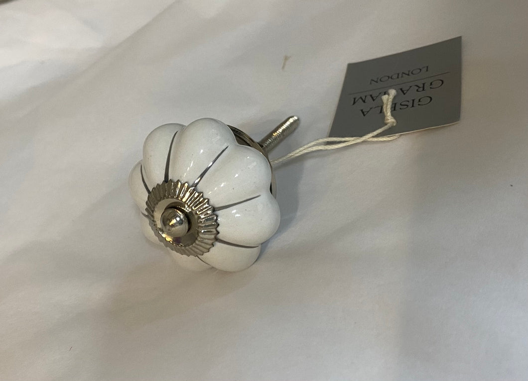 Door Knob - White Ceramic Flower w Silver