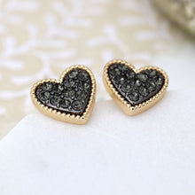 Load image into Gallery viewer, Gold plated heart stud earrings with black crystal
