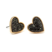 Load image into Gallery viewer, Gold plated heart stud earrings with black crystal
