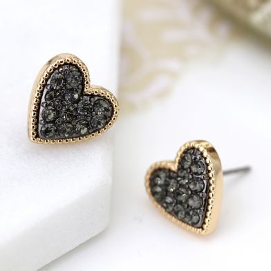 Gold plated heart stud earrings with black crystal