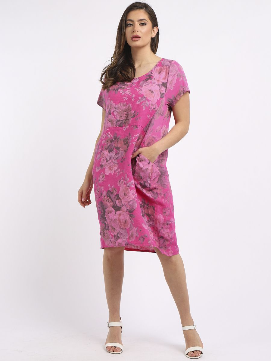 Italian Linen Floral Print Side Ribbed Dress