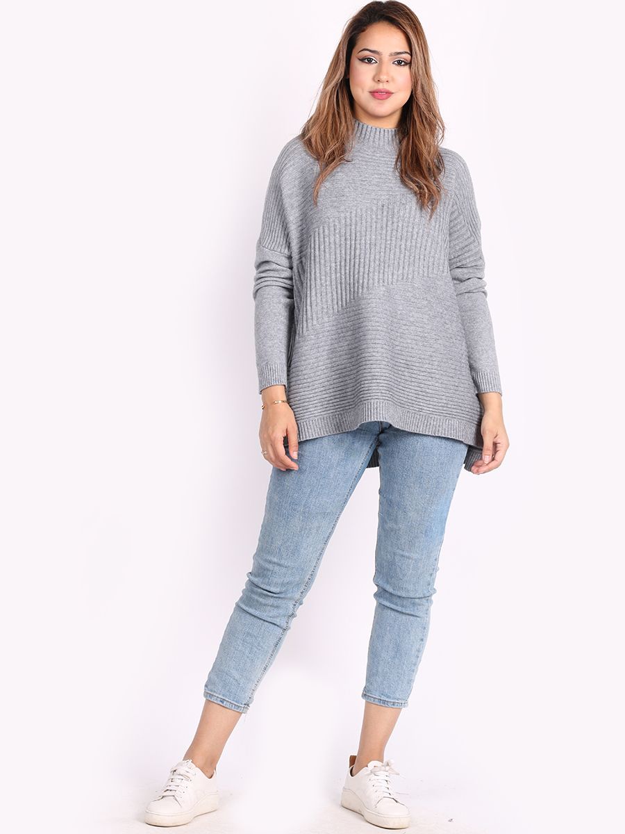 Funnel Neck Knitted Ribbed Jumper