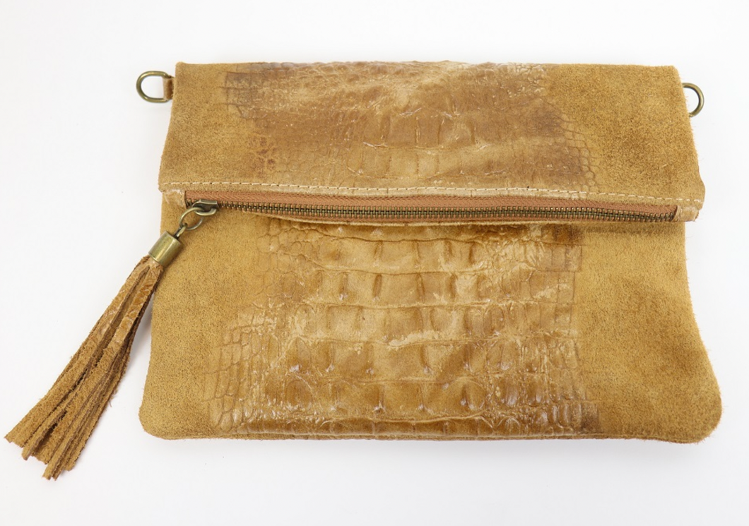 Leather Suede Croc Clutch