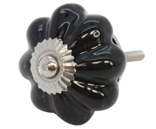 Door Knob - Ceramic Flower Black - Little Gems Interiors