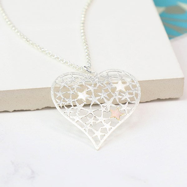 Silver Plated Scratched Star Heart Necklace