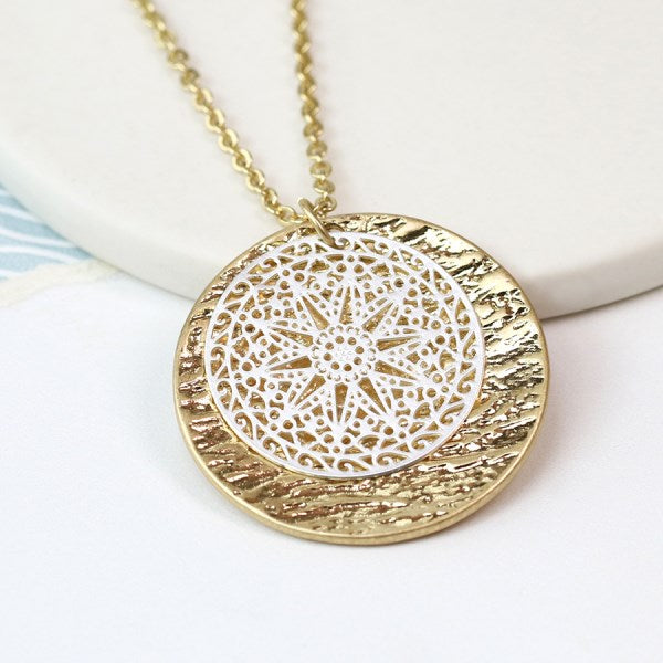 Silver and gold plated decorative discs necklace