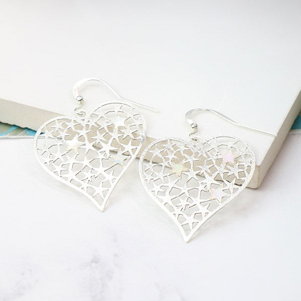 Silver Plated Star Filled Heart Earrings