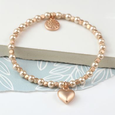 Matt rose gold heart and champagne pearl bracelet